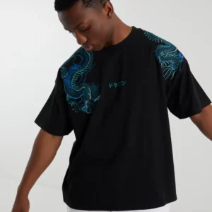 EMBROIDERED DRAGON BOX FIT T-SHIRT IN SOLID BLACK
