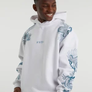 DRAGON EMBROIDERED BOX FIT HOODIE IN WHITE