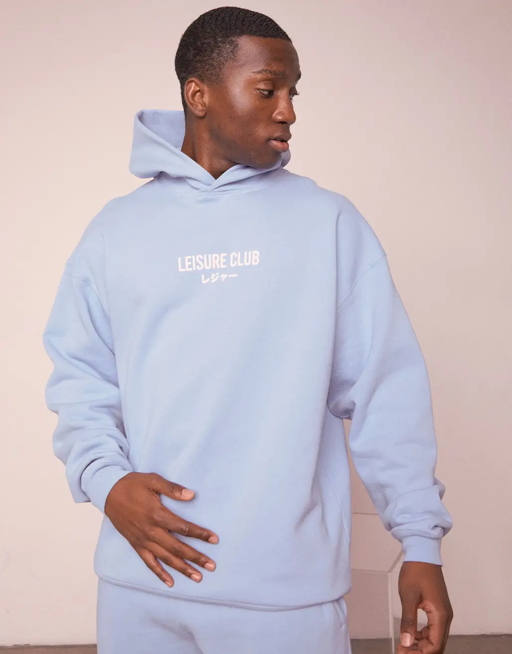 LEISURE CLUB PRINT ORGANIC OVERSIZED HOODIE IN POWDER BLUE