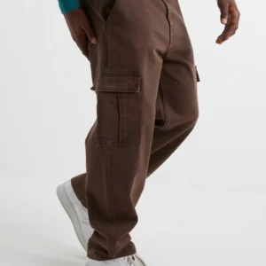 TWILL BAGGY CARGO POCKET PANTS IN BROWN